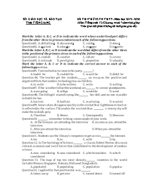 Đề thi thử Tốt nghiệp THPT lần 2 môn Tiếng Anh - Năm học 2019-2020 - Tỉnh Tiền Giang